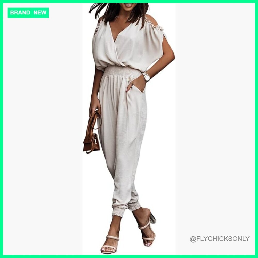 Cold Shoulder Jumpsuit with V Neck and Side Pockets